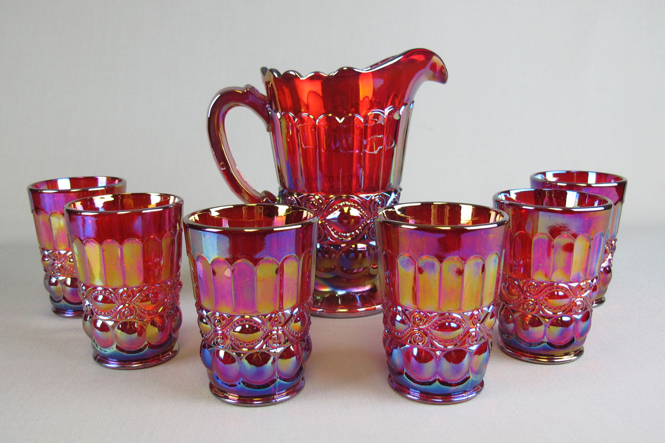 L.G. Wright God and Home Water Set Dark Carnival Glass Made by Mosser Glass  Pitcher and 6 Tumblers 